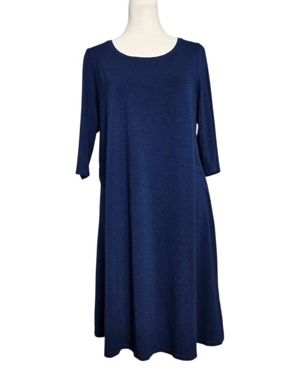 Eileen Fisher Knit Jersey Women's Midi Dress Medium Petite Blue 3/4 Sleeve USA